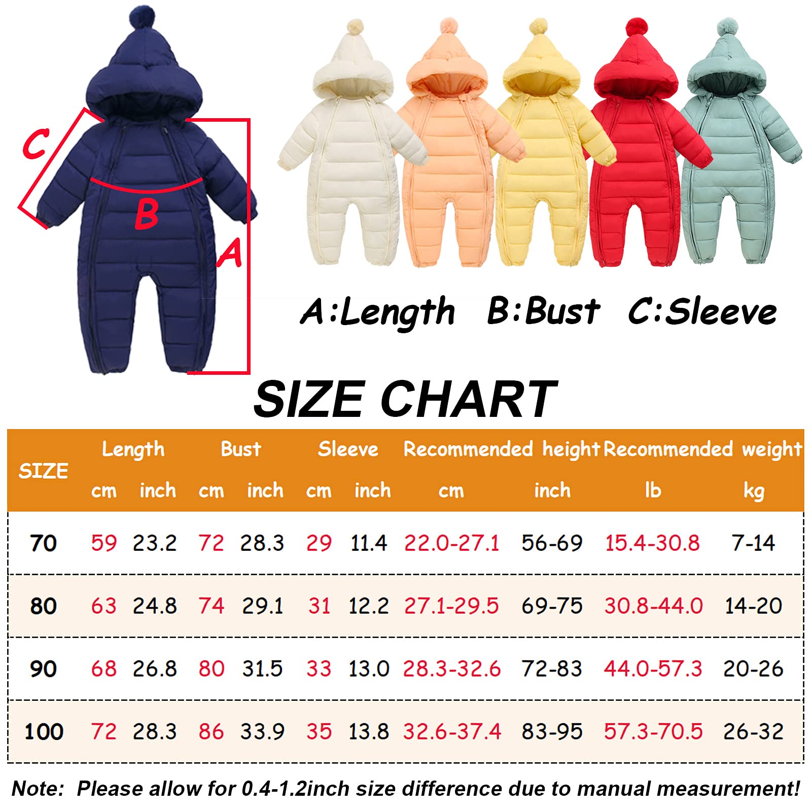 AIEOE Combinaison de Neige Bébé Avec Gants et Chaussons Fille Garçon Manteau à Capuche Jumpsuit pour Bébé Fille 0-24 Mois