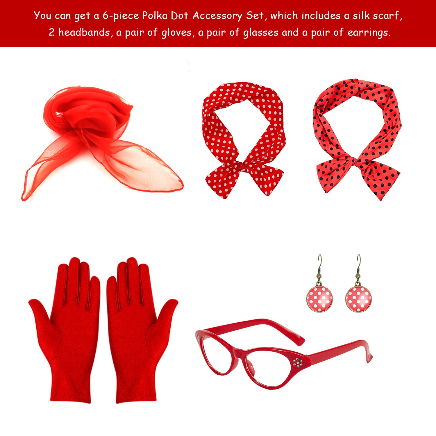 QEEQPF Pack of 5 1950s Women's Costume Accessories Chiffon Scarf Headband Glasses Gloves Earrings for Women Vintage Party Outfits red - Image 3