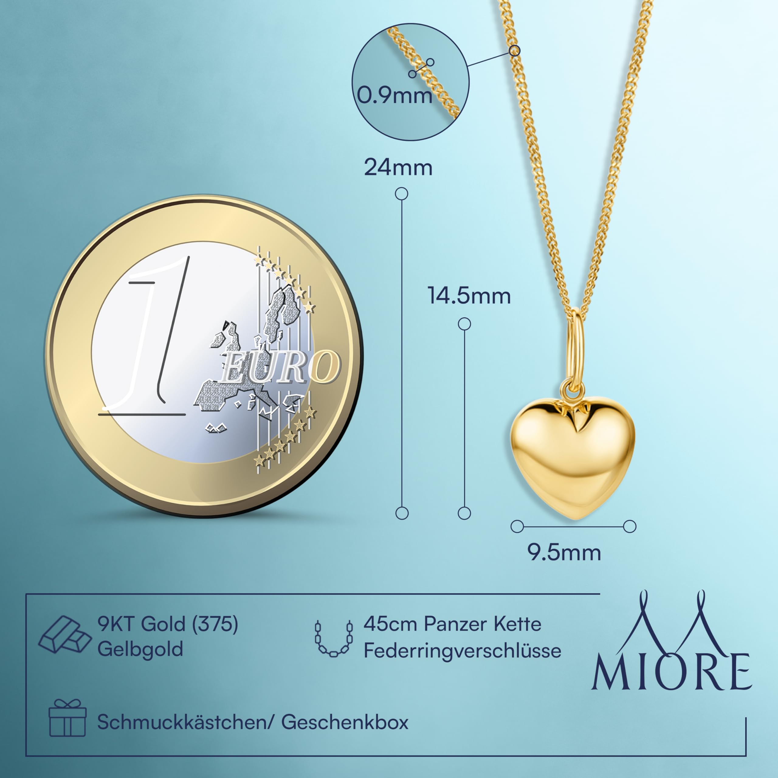 MIORE Schmuck Damen, 18K Vergoldete Silberkette / 9 K Gold Kette mit Kettenanhänger 9K Gelbgold 375, Herzkette, Kettenanhänger Gold Herz, Panzerkette 45 cm - Halskette Damen in hochwertiger Schmuckbox