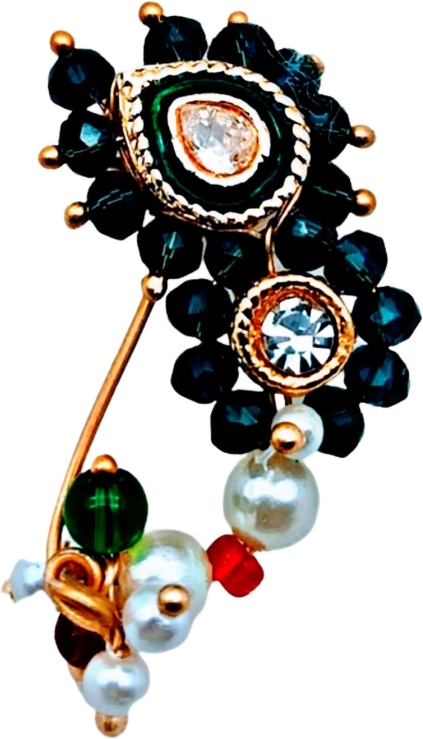 SWAMI- Nath Nose Ring (Press)/NOSE PIN green crystal nath Pearl Stone Diamond, Traditional Maharashtrian Pressing clip on Wedding Bridal Latest, Stylish For Women, Girls