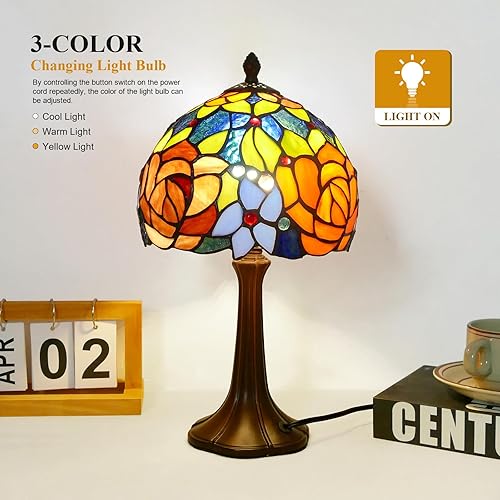 Miniatura 2 de Tiffany - Lámpara de mesa romántica de doble color con rosas hechas a mano, lámparas de escritorio de 8 pulgadas de ancho y 15 pulgadas de alto,