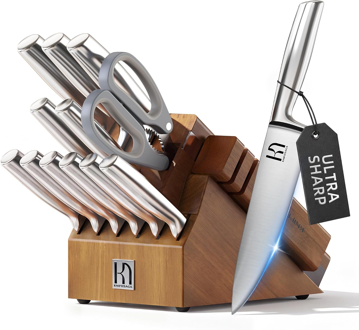 KnifeSaga Kitchen Knife Set with Block and Detachable 2-Stage Sharpener | 14-Piece Premium High Carbon Stainless Steel Knives with Ergonomic Anti-Slip Handle, Rubberwood Knife Block