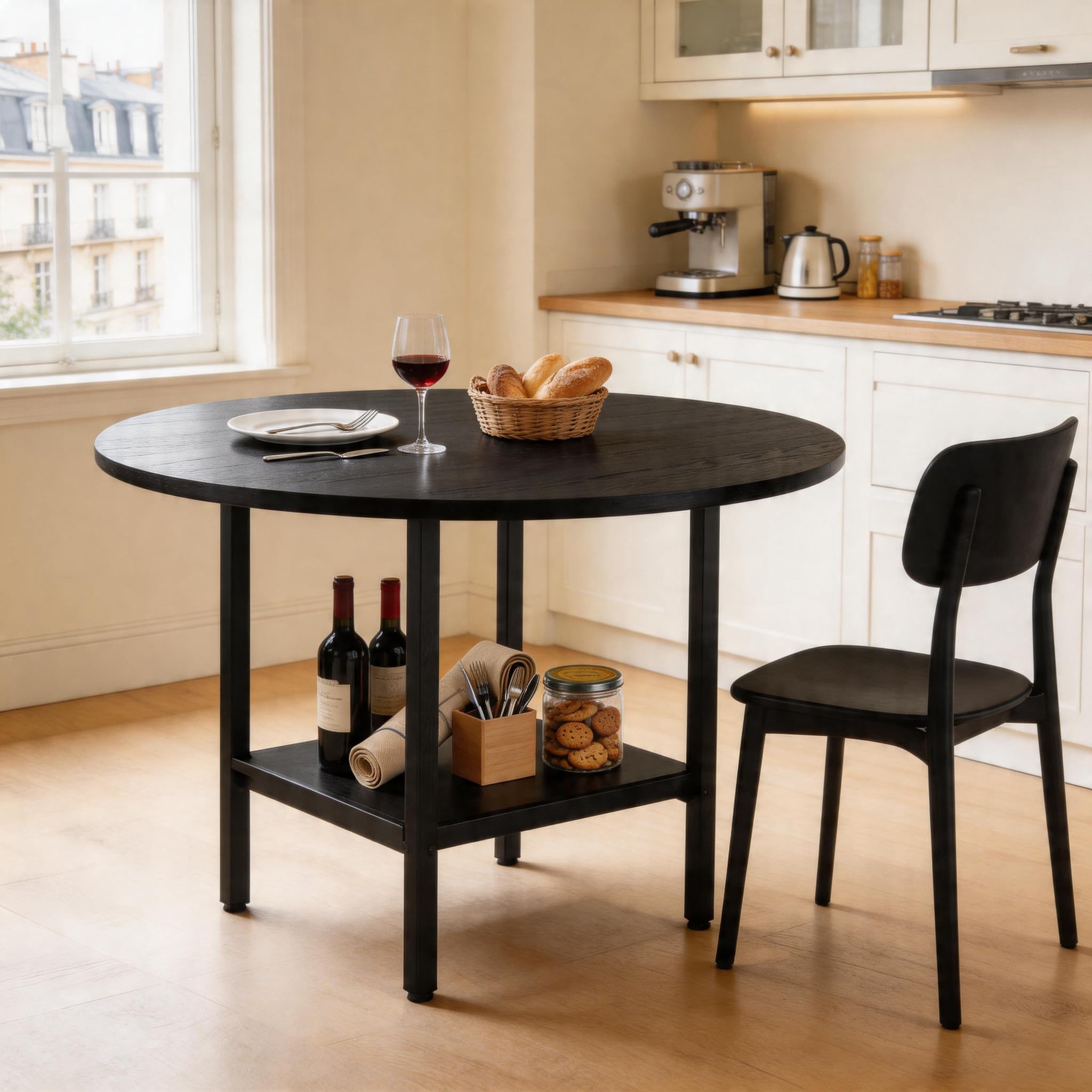 TIZZ Moderno tavolo da pranzo rotondo con ripiano portaoggetti, venature del legno nero e telaio in metallo nero, per 4-6 persone, ideale per cucina, sala da pranzo e piccoli spazi