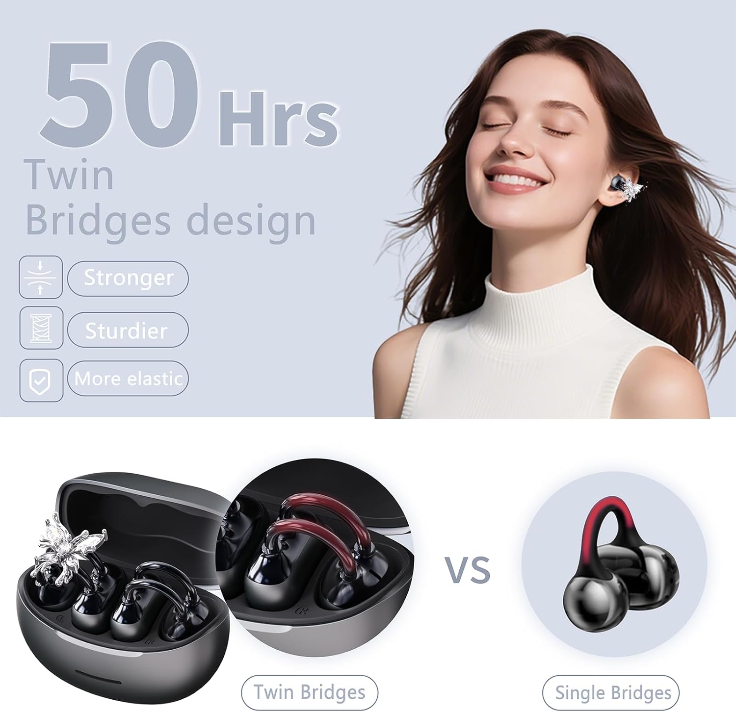 Clip On Earbuds for Women Small Ears, Open Ear Wireless Headphones with Crystal Earrings, Secure Fit Comfortable Painless Ear Clip Earbuds, 50H Playtime ENC Clear Call IP56 Waterproof