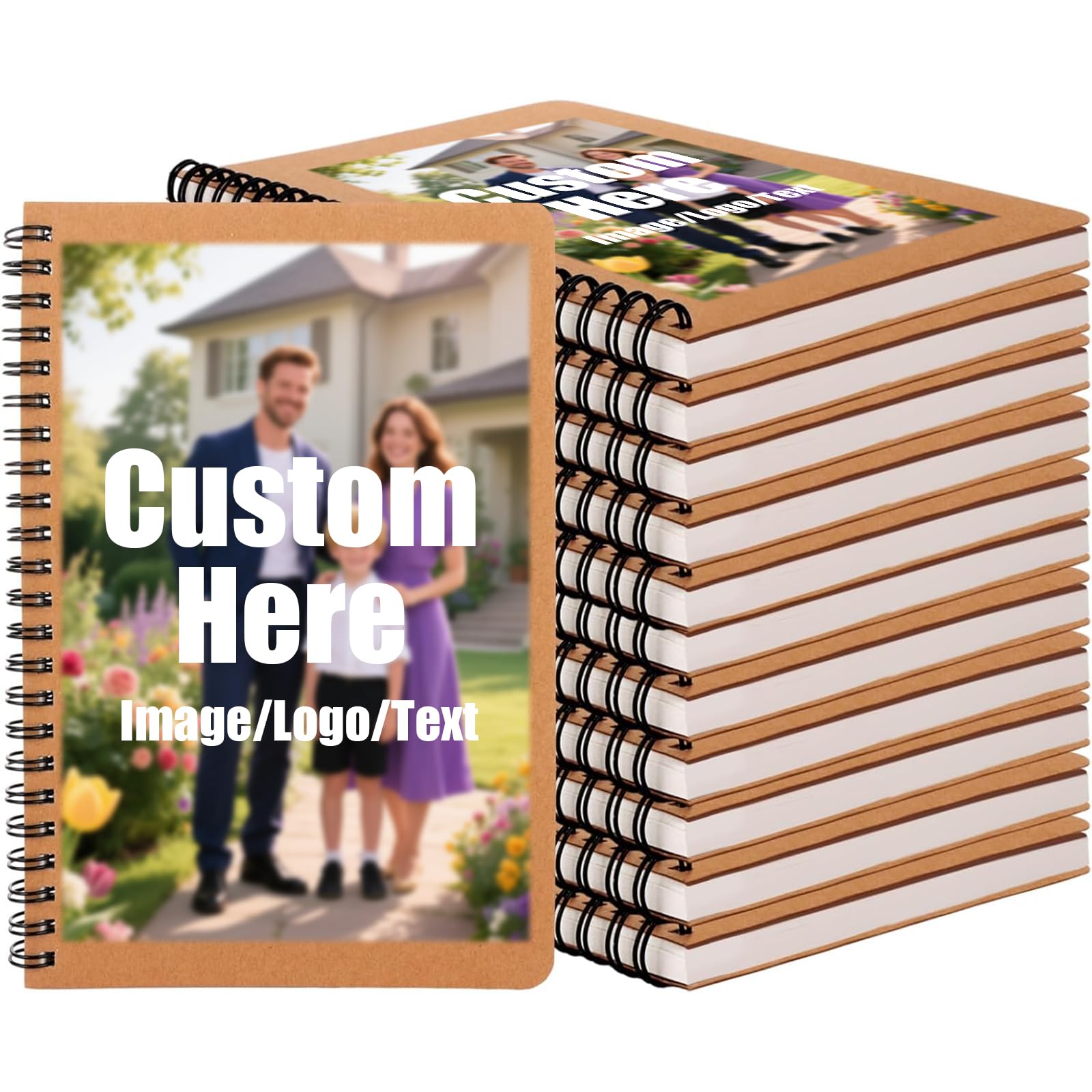 1-100 Pack Bulk Personalised A5 Spiral Bound Notebook Lined, Custom Printed Image/Text/Logo 100 Pages/50 Sheets Kraft Cover Notebook for Office School Travel Diary and Corporate Branding Gift