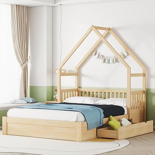 Miniatura 46 de Merax Cama de madera de tamaño completo con ventana y valla, marco de cama matrimonial para adolescentes, niños y niñas, gris