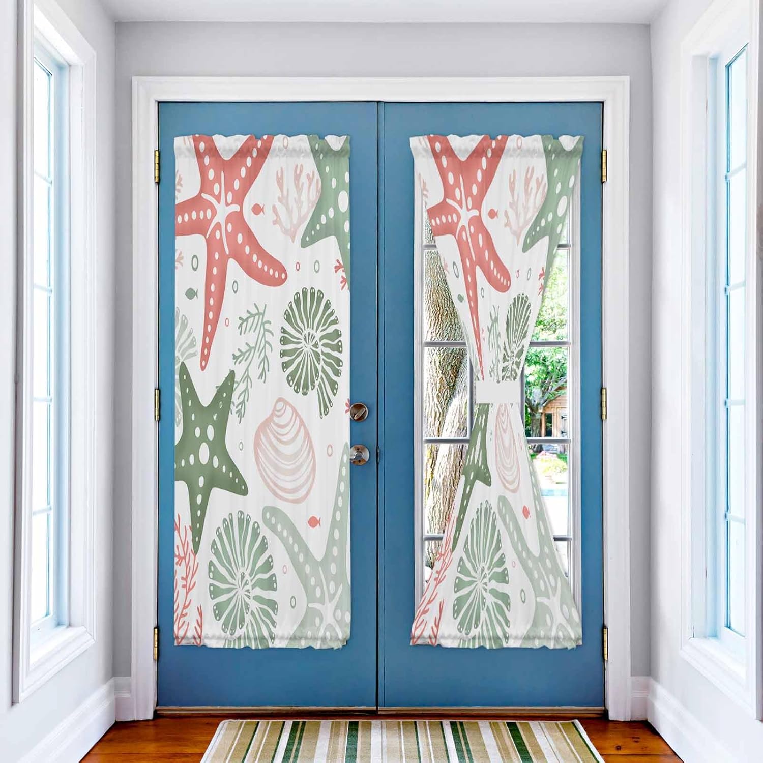 Starfish Sage Green Door Curtains For Door Window, French Sidelight Front Back Door Curtains With Tieback, Kitchen Rod Pocket Drapes Panel 54"x72" Coral Red Coastal Conch Tropical Fish Boho