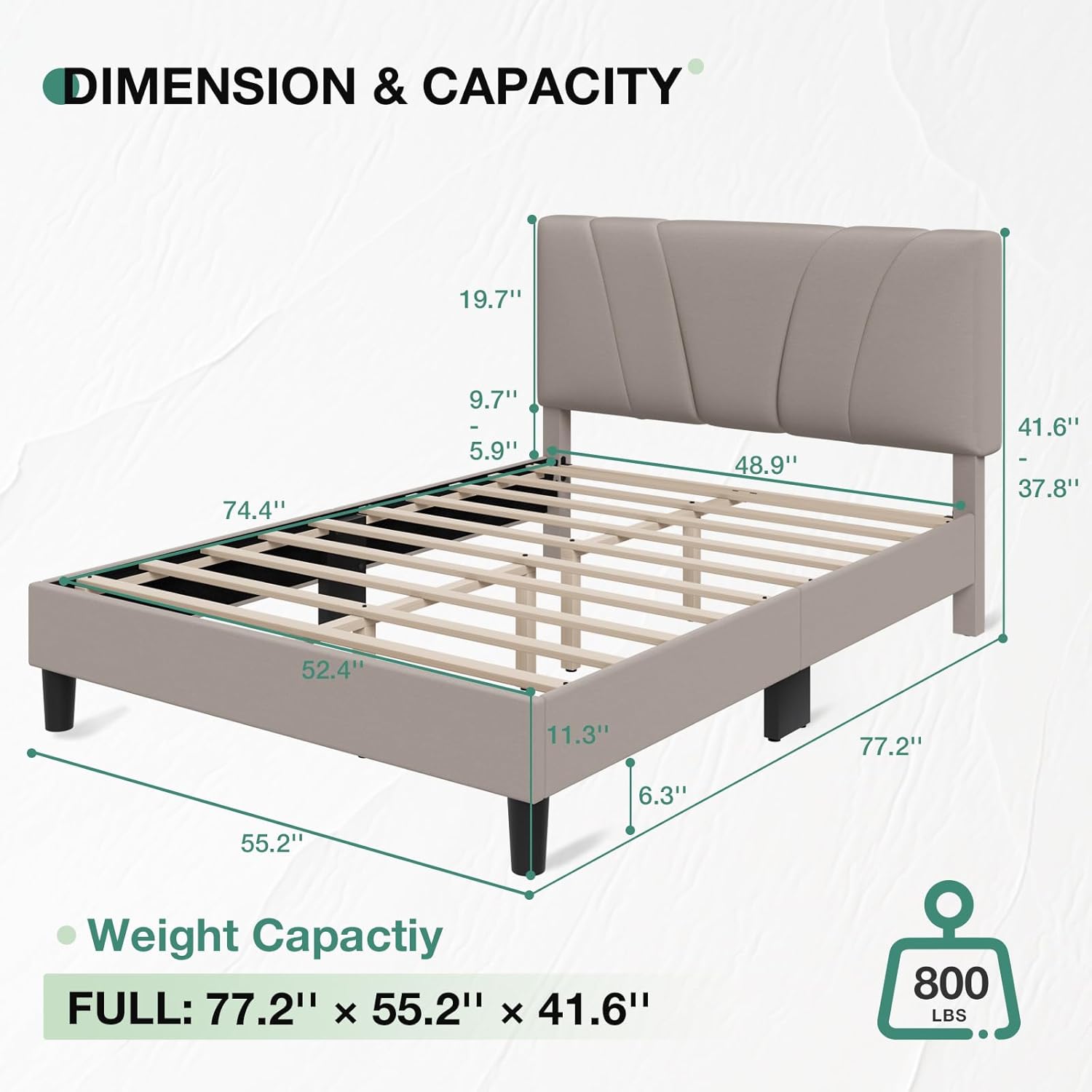 Novilla Full Size Bed Frame with Adjustable Headboard Platform Full Bed Frame with Linen Fabric Upholstered Headboard, No Box Spring Needed, Noise-Free, Wooden Slats Support, Easy Assembly, Beige - Image 2