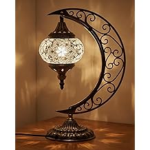 Baquler Turkish Mosaic Moon Lamp - Handmade Stained Glass Table Lamp with Metal Crescent Base, Bohemian Moroccan Bedside Night Light for Bedroom Living Room Decor, Unique Gift(Classic Style)