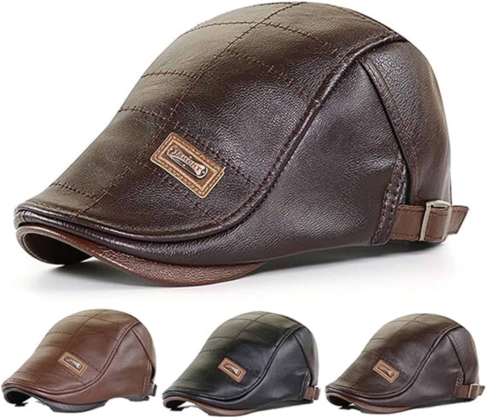 Exqst Men's Brown Leather Beret Beret Hat Leather Cap Warm Winter Newsboy Hat Trendy Leather Beret Unisex Dark