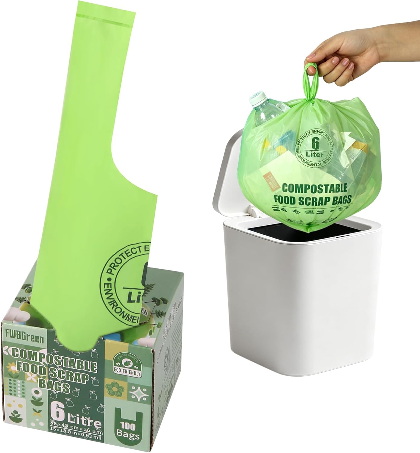 Small Compostable Trash Bags with Handles for Countertop Bin 6L,1.2 Gallon 100 Count Green Biodegradable Recycle Bags for Kitchen，Food Waste Bag with TUV and OK Compost Home and BPI Certified