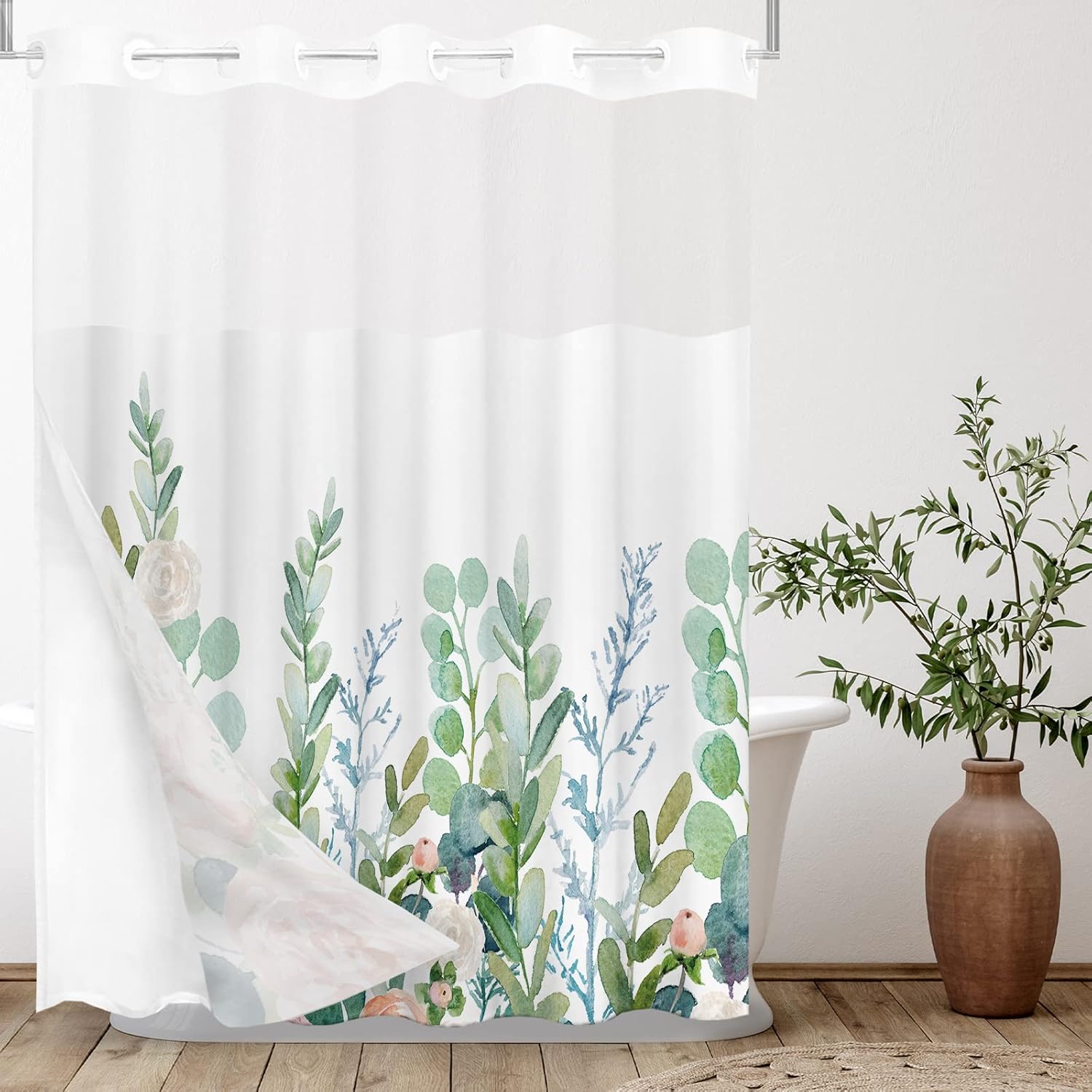 Tititex No Hooks Snap in Liner Aesthetic Blooming Floral Shower Curtain Sets, Hotel Luxury Double Layers Waterproof Fabric & See-Through Top Window Bathroom Decorative 72x72 Inch