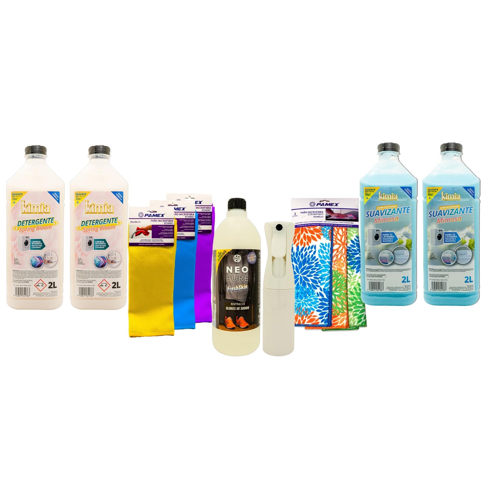 KIMIA Pack FLOWER POWER | Kit Lavado Ropa Completo | Detergente Líquido, Suavizante, Eliminador Olores, Bayetas Microfibra | Limpieza y Aroma Duradero