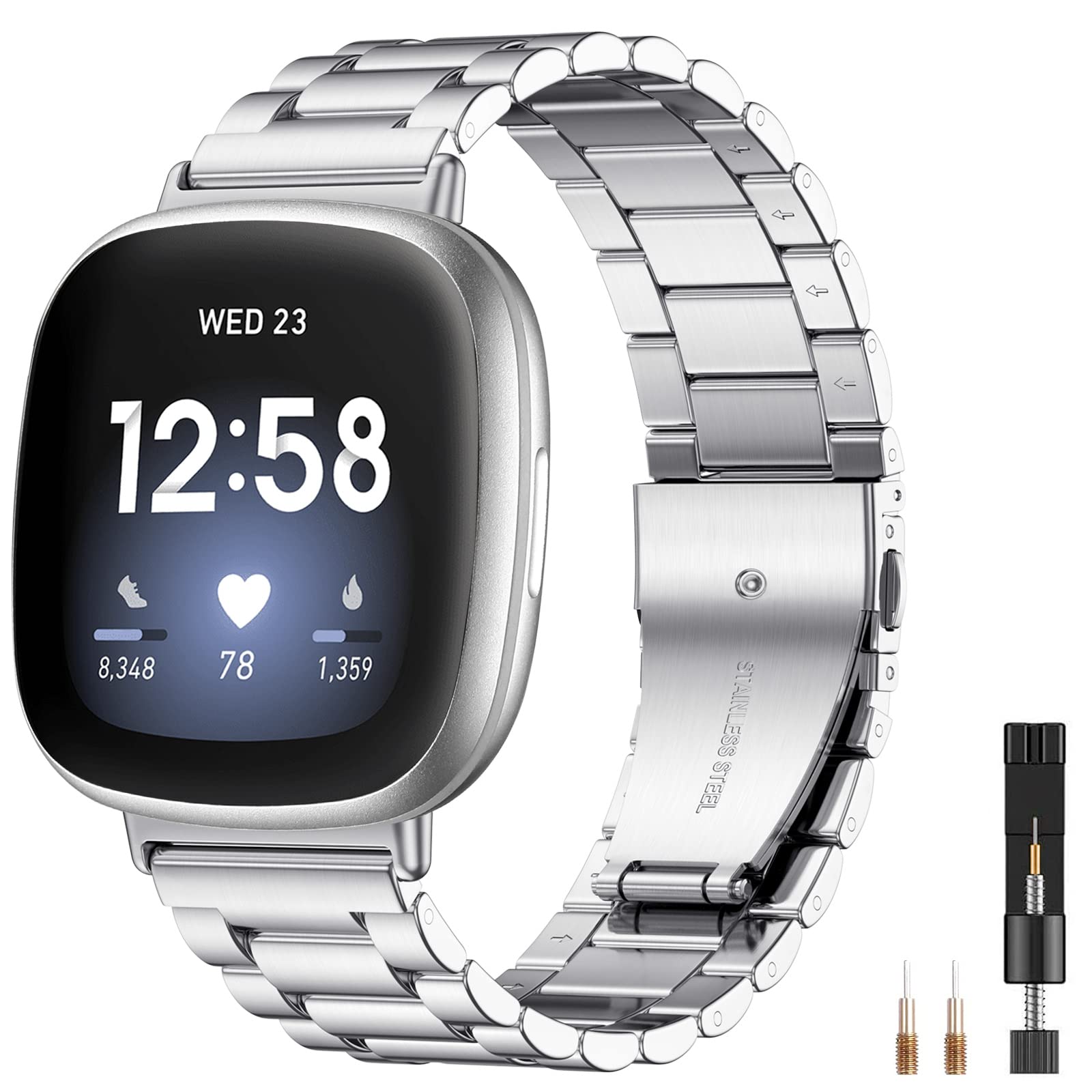 CeMiKaStrap Compatible with Fitbit Versa 3 Strap/Fitbit Sense Strap, Adjustable Stainless Steel Metal Replacement Strap with Double Folding Clasp for Fitbit Versa 3/Sense, Men Women