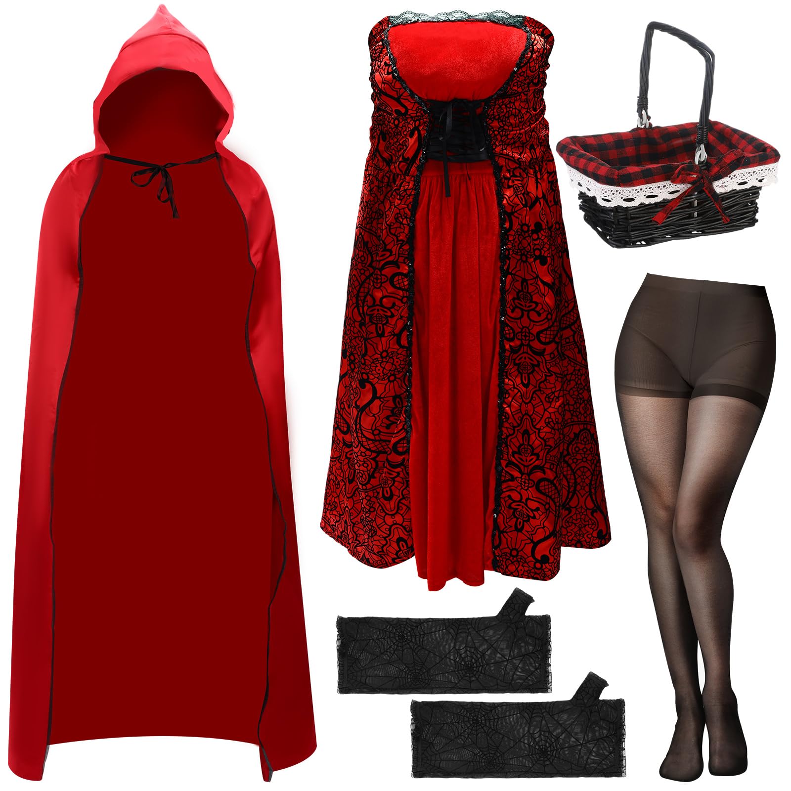 Mepase Disfraz de Caperucita Roja de talla grande para mujer adulta, capa con capucha de Halloween, capa roja, vestido, medias, guantes para cosplay, accesorios de fiesta