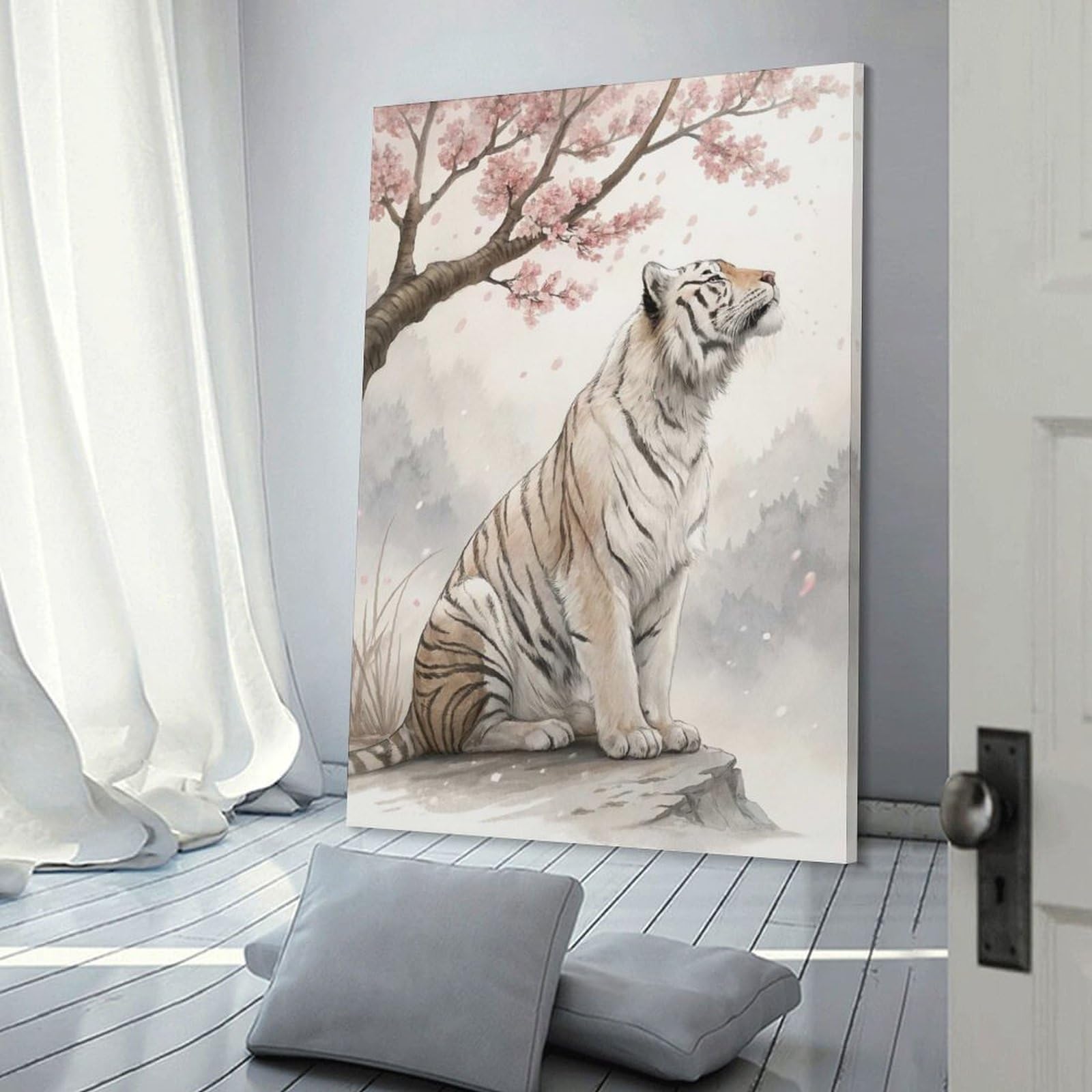 Junmoney Frame-Style-9 White Tiger Under Cherry Blossoms Canvas Wall Picture, 16X24inch(40X60cm), For Home, Office, Studio Or Guest Room, A Flexible Wall Accent For Shared Spaces
