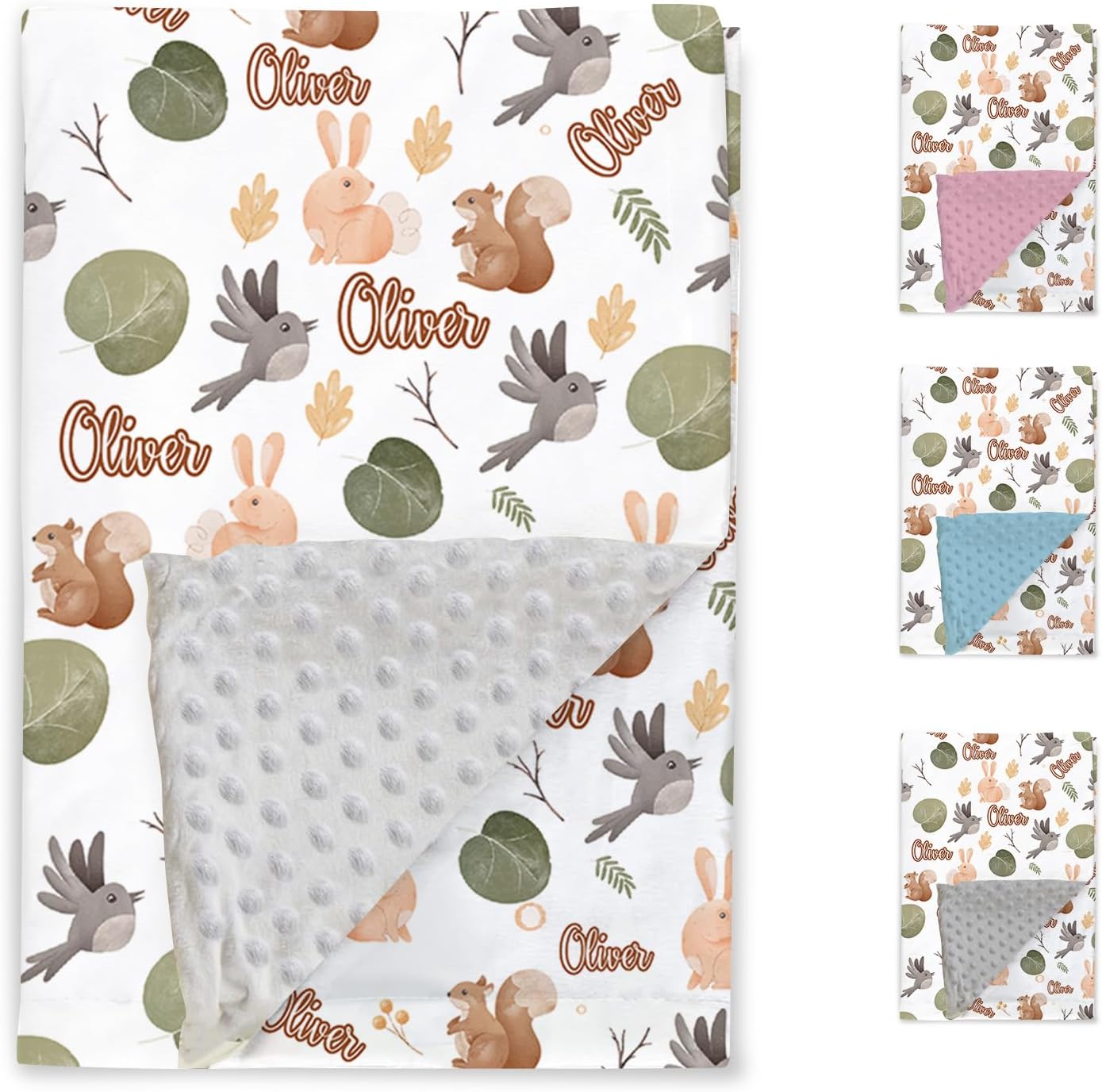 Personalized Baby Blanket - Woodland Animals Blanket with Customized Name - Custom Soft Plush Flannel Blankets with Double Layer Dotted Backing for Kids Boys Girls Gift White02