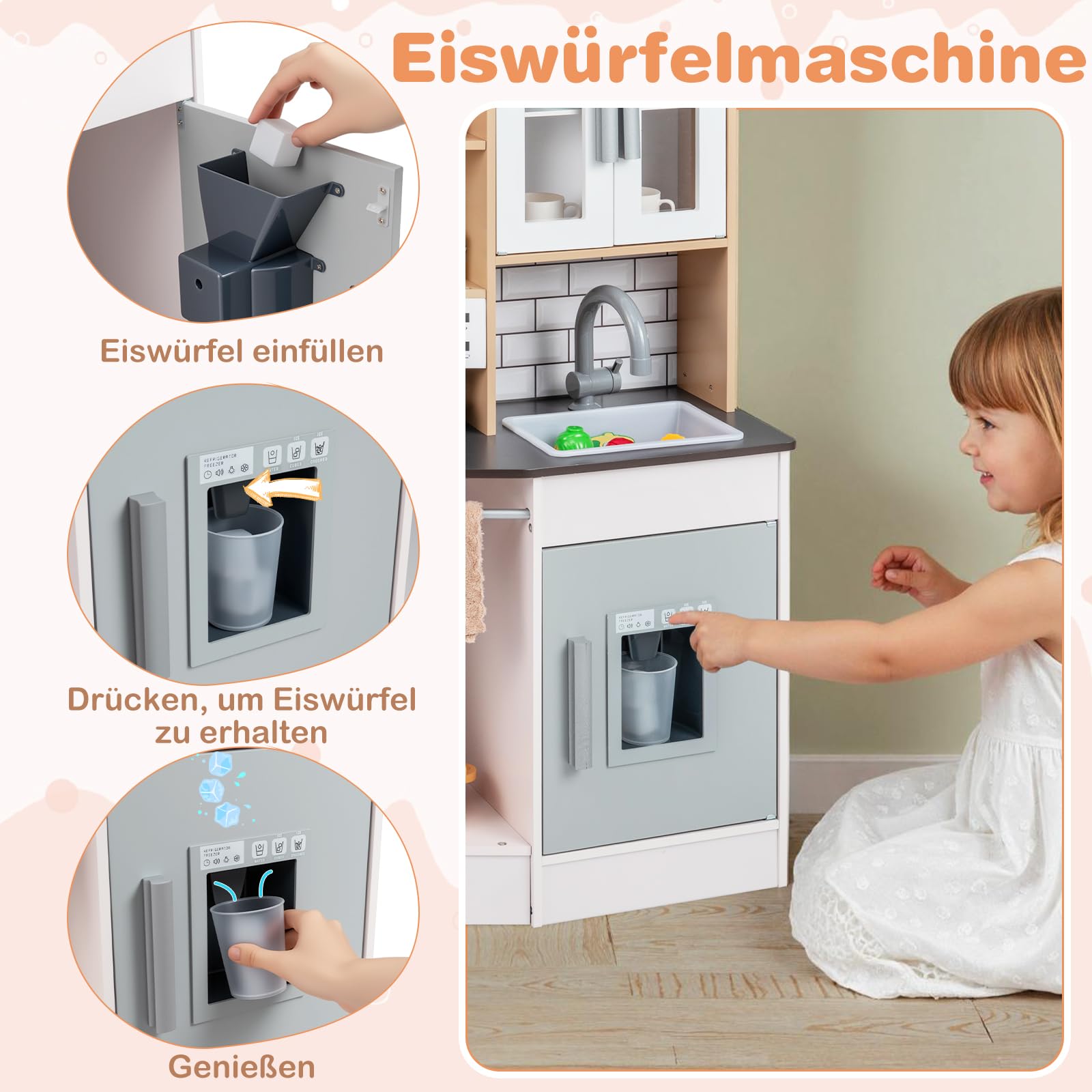 COSTWAY Kinderküche mit 10 TLG. Zubehör, Holz Spielküche mit Licht und Sound, Holzküche inkl. Herd, Spüle, Eismaschine, Kaffeemaschine, Mikrowelle & Ofen, Spielzeugküche für Kinder ab 3 Jahren (Grau)