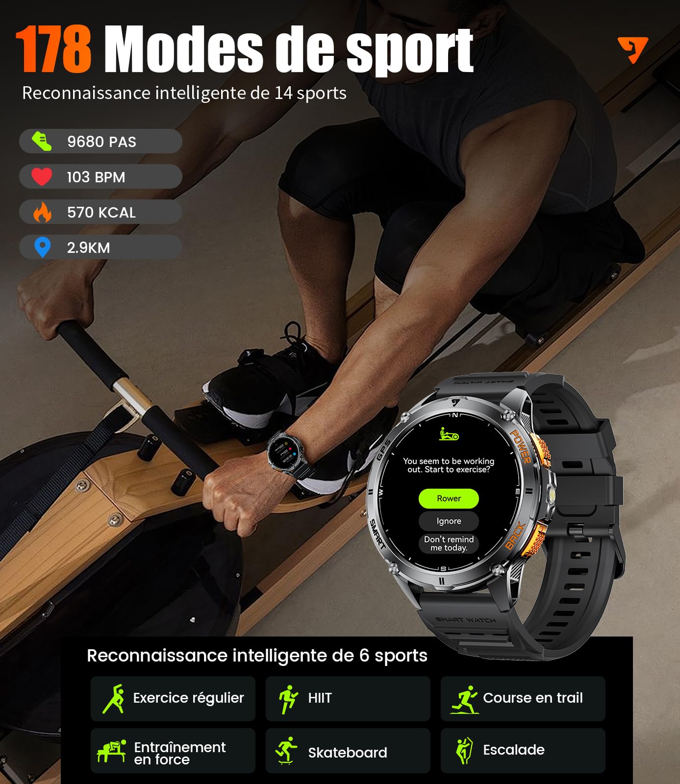 LIGE GPS Montre Connectée Homme avec Appel Bluetooth, 1.43"AMOLED Montre Podometre avec Lampe Poche LED, Batterie 530mAh/110+modes Sportifs/Suivi de la santé/Baromètre/Boussole/Altimètre, Android iOS