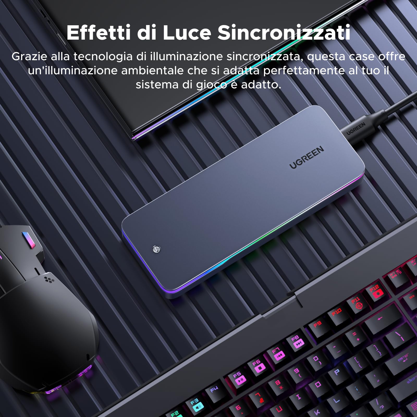 UGREEN Enclosure SSD M.2 NVMe SATA 20Gbps RGB, Case Esterno per Disco Rigido M.2 USB C 3.2 Gen 2x2 2230/2242/2260/2280 Compatibile con MacBook, HP 14pro, iPhone 16, PS5, Switch | USB C 3.2 Gen 2x2 M.2 Case per M Key/B+M Key in 2230/2242/2260/2280, compati