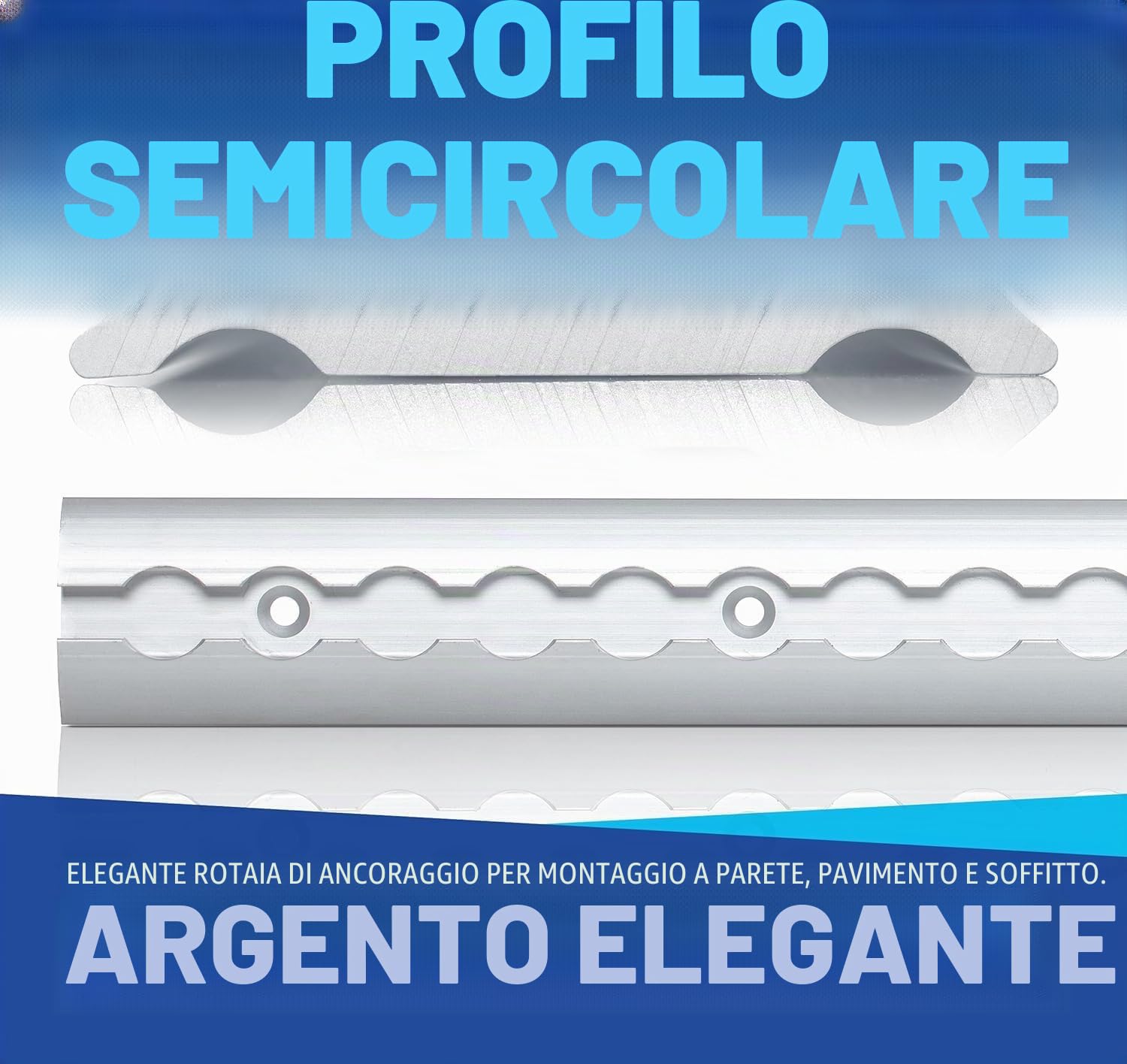 NTG 4 Pezzi Guida Aerea a Forma semicircolare in 2m + 20 Pezzi Raccordo Singolo + 8 Pezzi Tappo terminale in Set con Fori in Alluminio | anodizzato | 1975mm | Fissaggio del carico per Camion e Camper