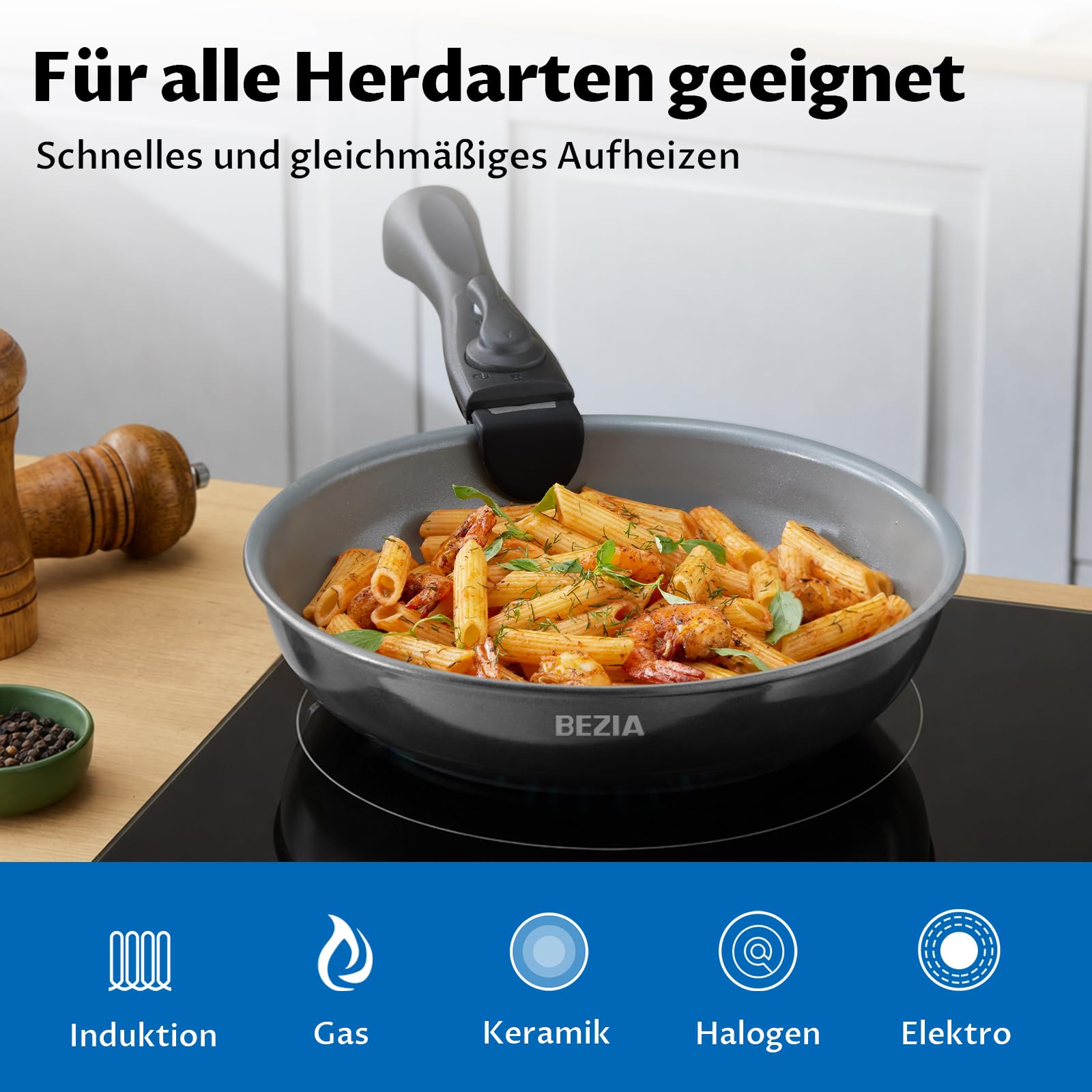 BEZIA Pfannen und Topfset mit abnehmbarem Griff, 13-tlg. Topf- & Pfannenset | Stapelbares Keramik Kochgeschirrset Induktion für Gesundes Kochen, PFAS/PTFE-frei, Ofenfest & Platzsparend für Küche/Camping