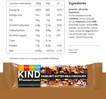 KIND Bars, Hazelnut Butter Milk Chocolate, Healthy Snack, Gluten Free Snack Bars, No Artificial Colours, Flavours or Preservatives, Multipack 12 x 40g