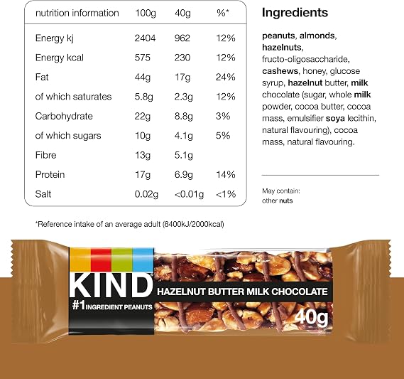 KIND Bars, Hazelnut Butter Milk Chocolate, Healthy Snack, Gluten Free Snack Bars, No Artificial Colours, Flavours or Preservatives, Multipack 12 x 40g