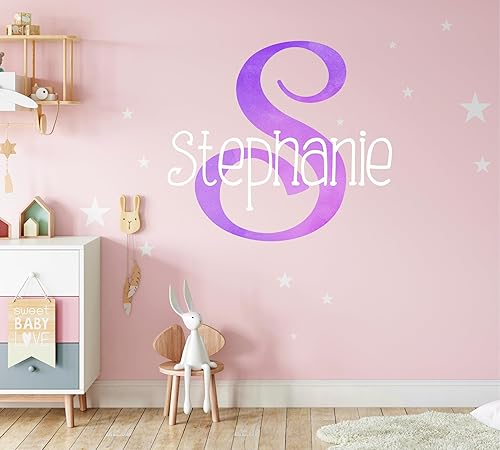 Miniatura 13 de Vinilo para guardería de niñas con arcoíris brillante, inicial impresa y estrellas. Calcomanía personalizada con nombre e inicial para niños