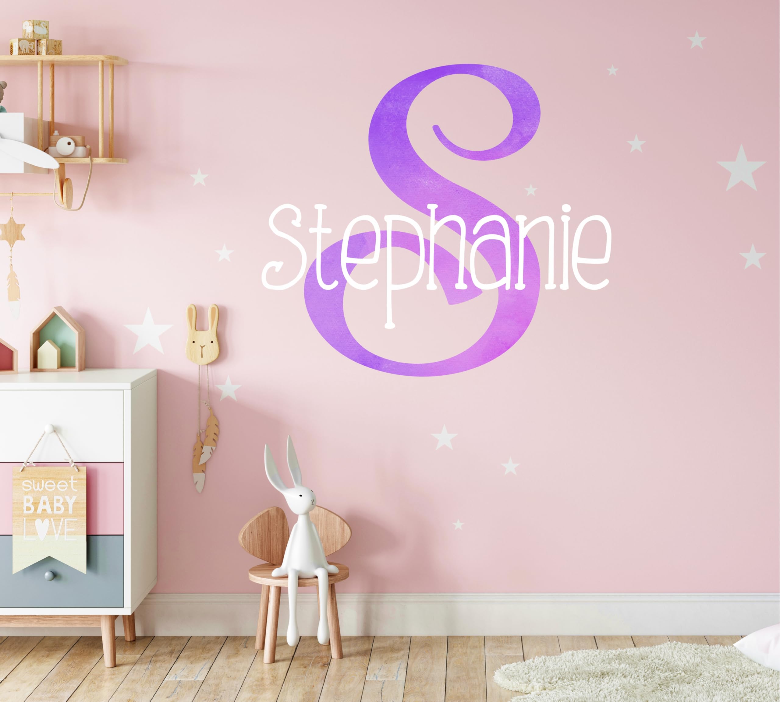 Girls Nursery Shimmer Rainbow Printed Initial and Stars Custom Personalized Name and Initial Kids Vinyl Wall Decal, Wall Sticker Decor for Babies (