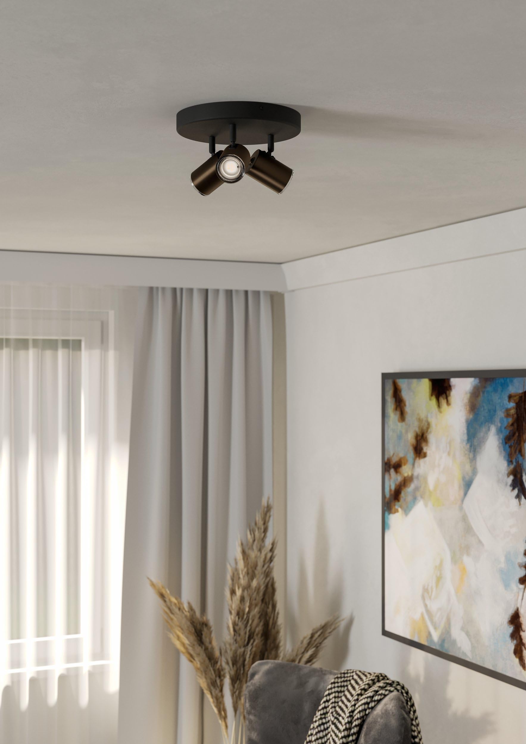 Eglo Plafoniera Consuma 1, faretto tondo 3 luci, lampada bagno a soffitto in metallo nero e bronzo, attacco GU10, IP44