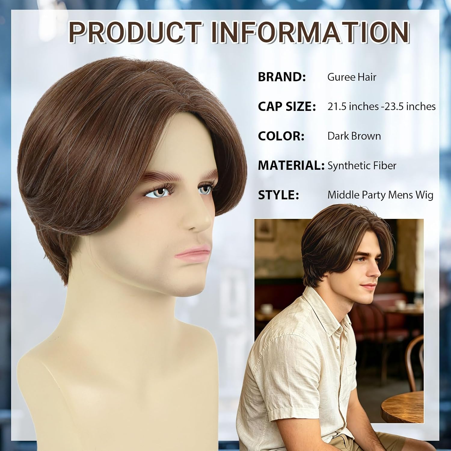 Mens Dark Brown Wig Short Straight Men Wig Middle Part Heat Resistant Synthetic Funny Wigs for Male Daily Party Cosplay Costume Halloween Use (Dark Brown)