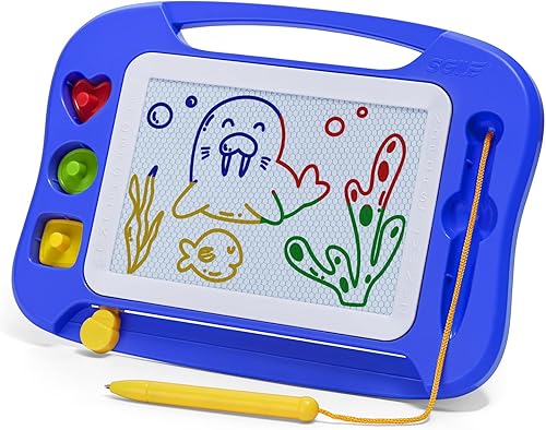 Miniatura 18 de SGILE - Pizarra magnética borrable para dibujo con bolígrafo magnético, colorido bloc de dibujo con tres sellos, juguete educativo para niños Azul