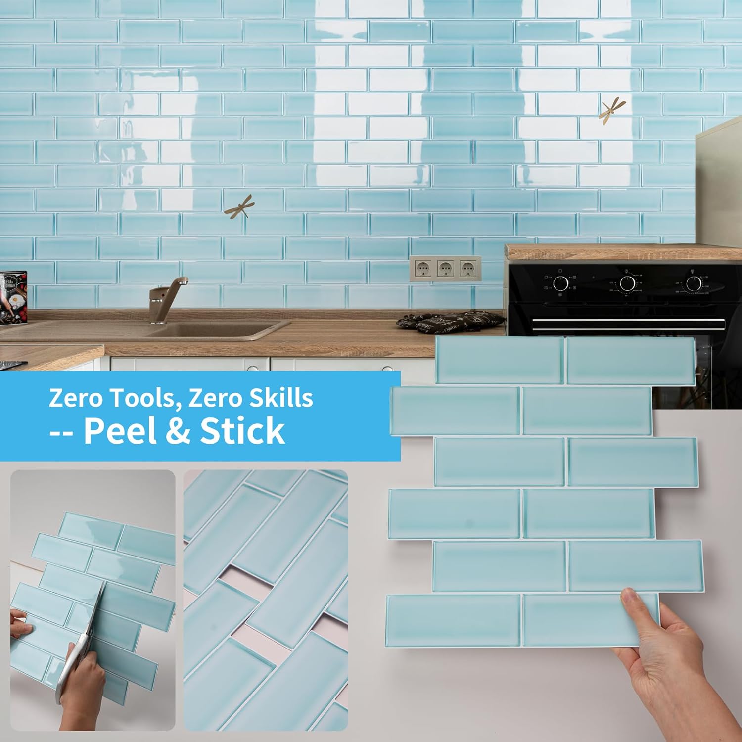 Art3d 10-Pack Heavy-Duty Peel and Stick Backsplash, 12 x 12 Inch Vinyl Seaglass Subway Design Stick on Wall Tile for Kitchen Living Room Home Decor, Aqua Blue