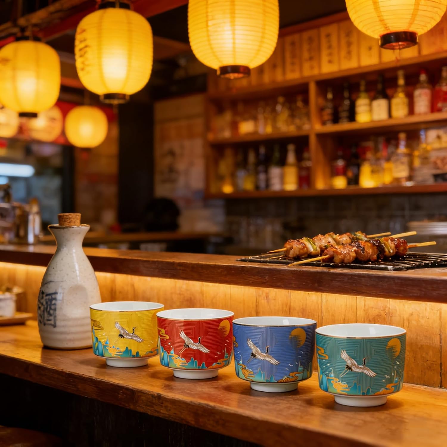 4 Pcs Colorful Crane Pattern Stackable Ceramic Tea Cup, 4.3 oz | Japanese Style, for Tea, Coffee, Matcha, Hot & Cold Drinking, Elegant Home Decor & Gift, 4 Colors