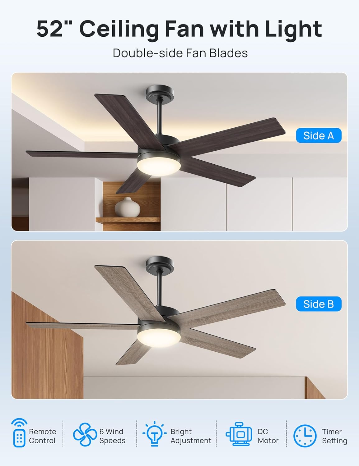 Ceiling Fans with Lights 52 Inch Outdoor, Ceiling Fan with Remote Control & Light, 52" Ceiling Fan Flush Mount with Dimmable LED DC Reversible Motor for Bedroom, Living Room, Patios