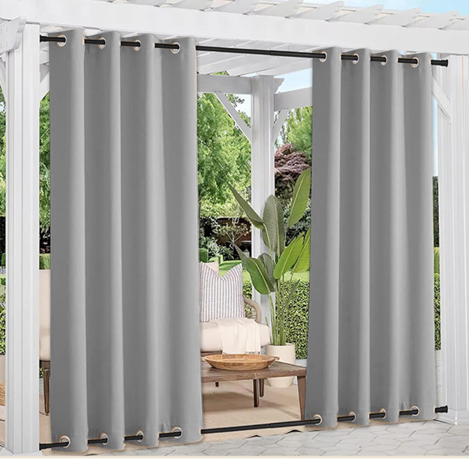 Outdoor Vorhang Wetterfest mit Ösen, 210x180CM, Sichtschutz Sonnenschutz Outdoor Gardine, ardinen Sichtschutz, Sonnenschutz Gardine für Pavillon Terrasse Pergola, Hellgrau