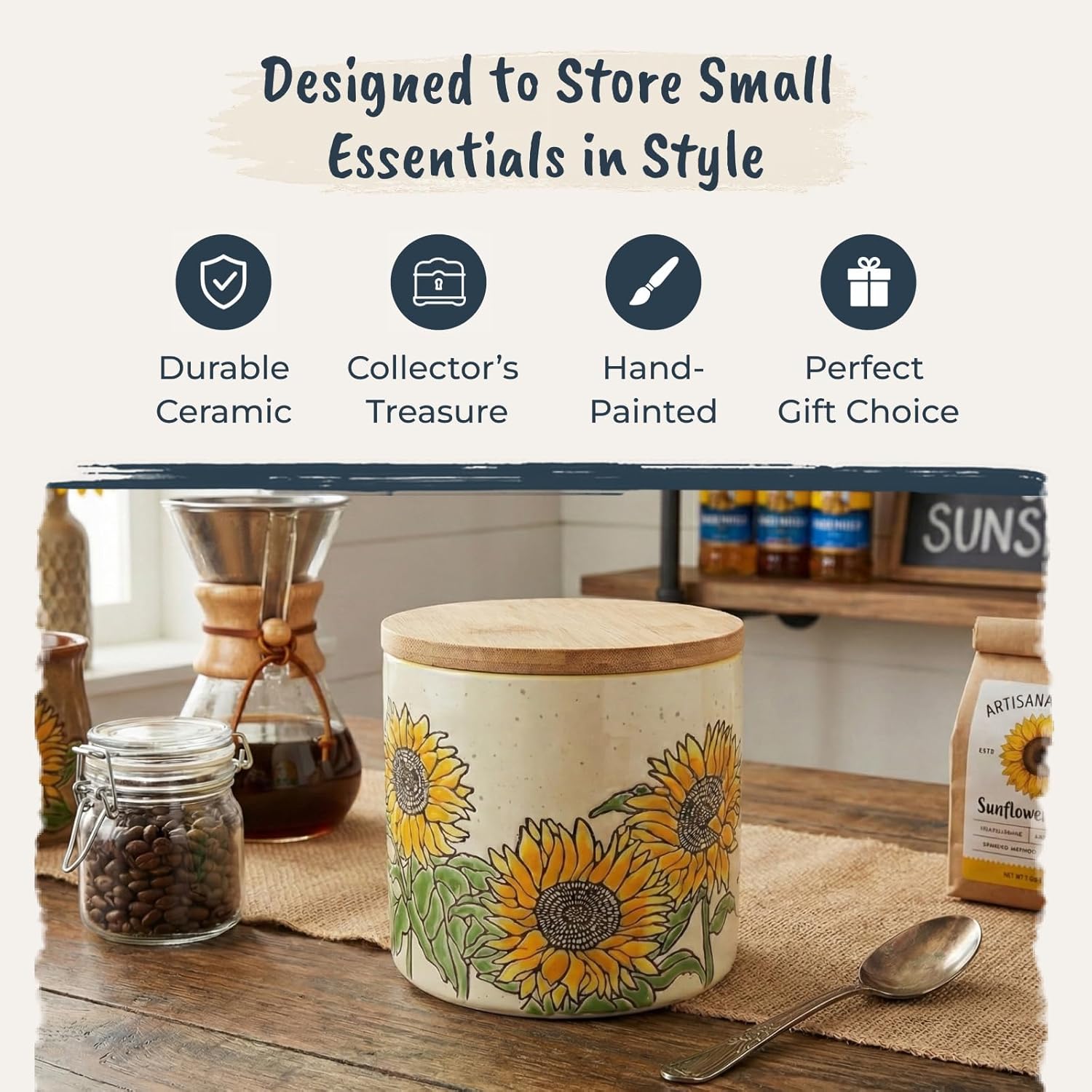 Blue Sky Clayworks Sunflower Time Canister, Ceramic, 4-Inch Height, Cheerful Coffee-Bar Accent