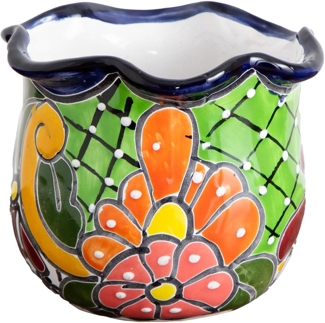 Nearly Natural 6-in x 7-in Handcrafted Mexican Talavera Ceramic Planter, Vibrant Hand-Painted Design, Suitable for Faux and Live Plants with Drainage Hole