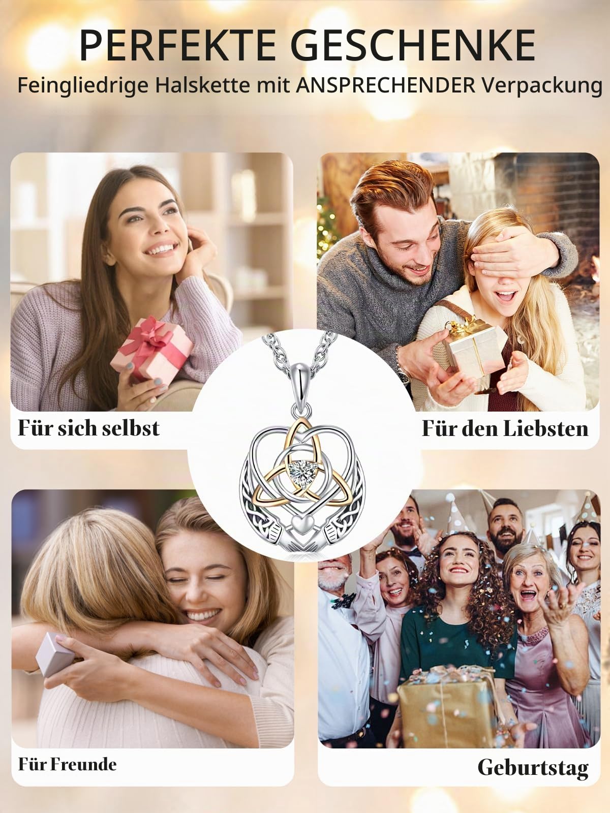 KINGWHYTE Claddagh Halskette, 925 Sterling Silber keltischem Knoten Kette für Damen Algerischer Liebesknoten Anhänger Irisch Trinity Schmuck Geschenke für Frauen Damen Mädchen