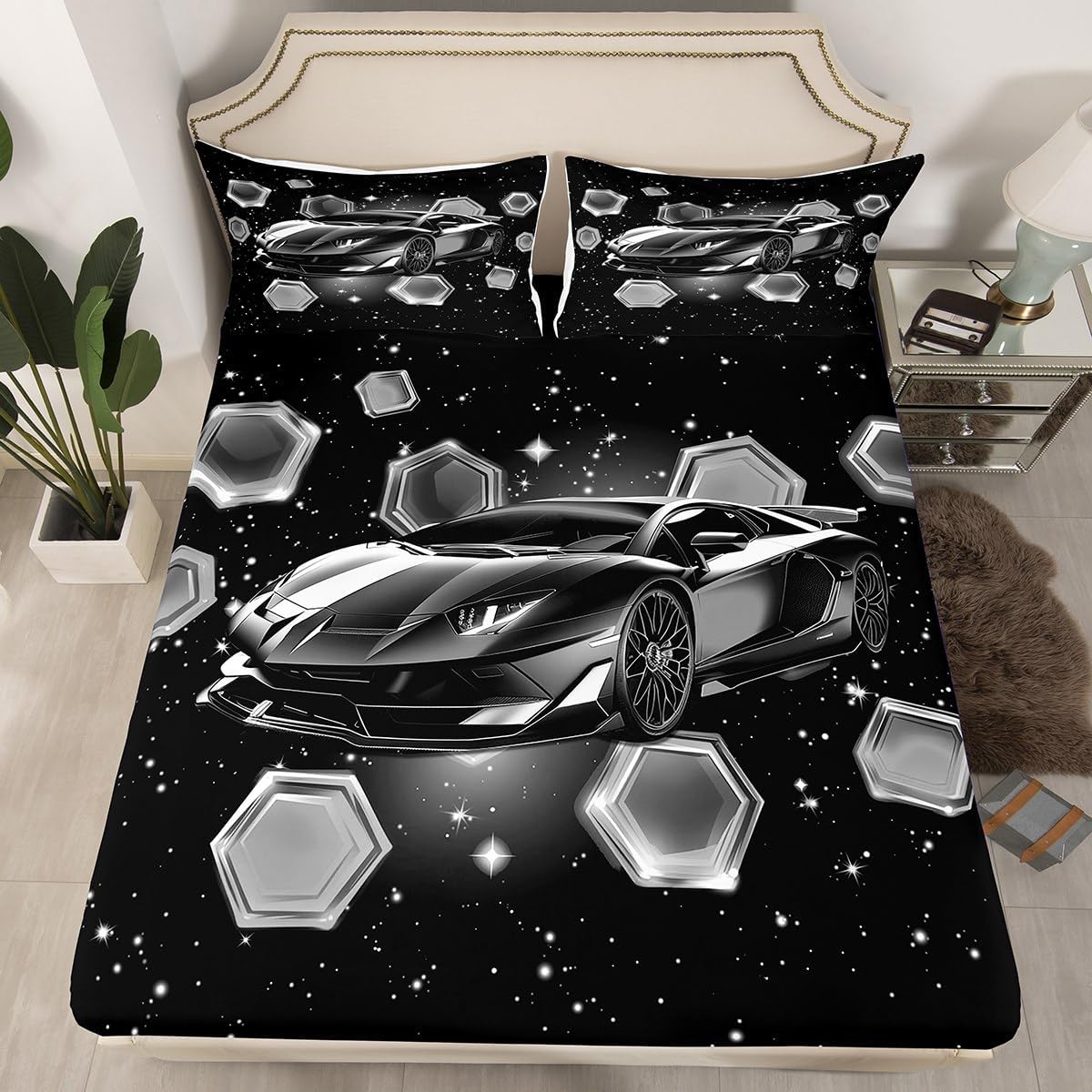 jejeloiu Race Car Bed Sheets Set Full Size Kids Speed Sports Car Fitted Sheet with Deep Pocket for Boys Girls Teens Black Space Glow Bedding Set Breathable Extreme Sports Bedroom Decor