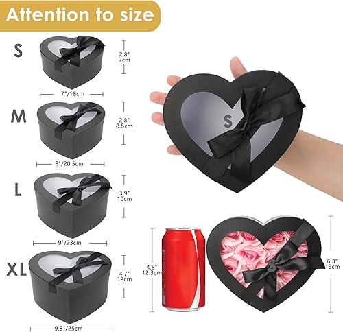 Miniatura 3 de Cajas negras en forma de corazón para arreglos florales, cajas de corazón para flores, juego de 4 cajas de regalo anidables con tapas transparentes