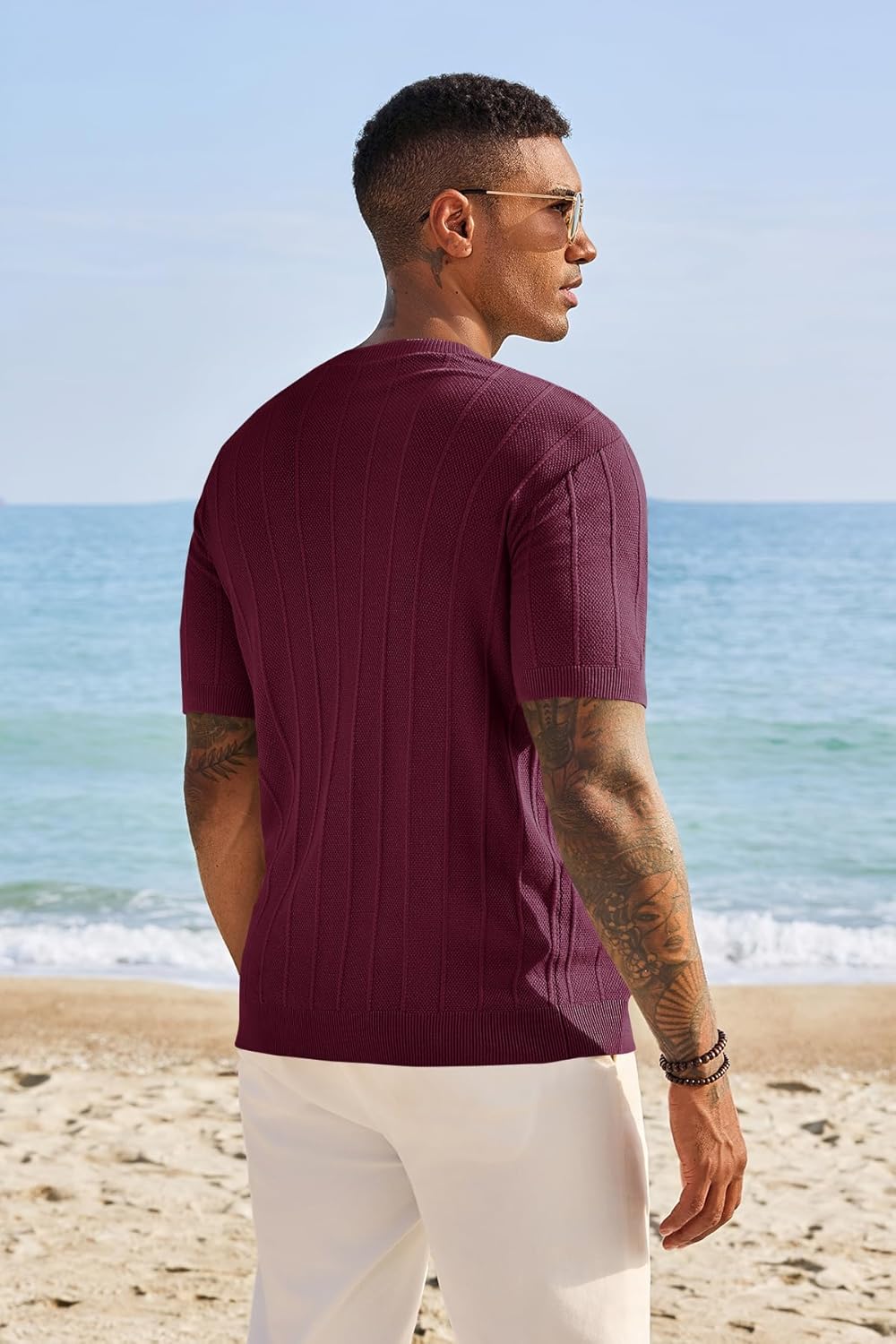 Runcati Mens Knit Short Sleeve T-Shirts Casual Crewneck Sweater Shirt Ribbed Textured Pullover Tees - Image 3