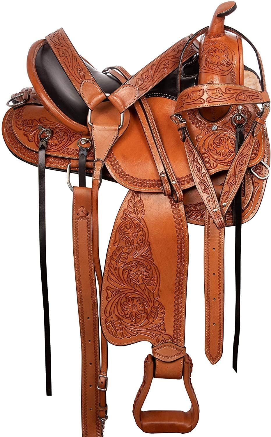 D&L Saddlery Leather Western Endurance Trail Horse Saddle Handmade Comfort with Horn Equestrian Horseback Riding Tack, Matching Headstall,Breast Collar,Reins Size:14"-18" inches Seat, M08