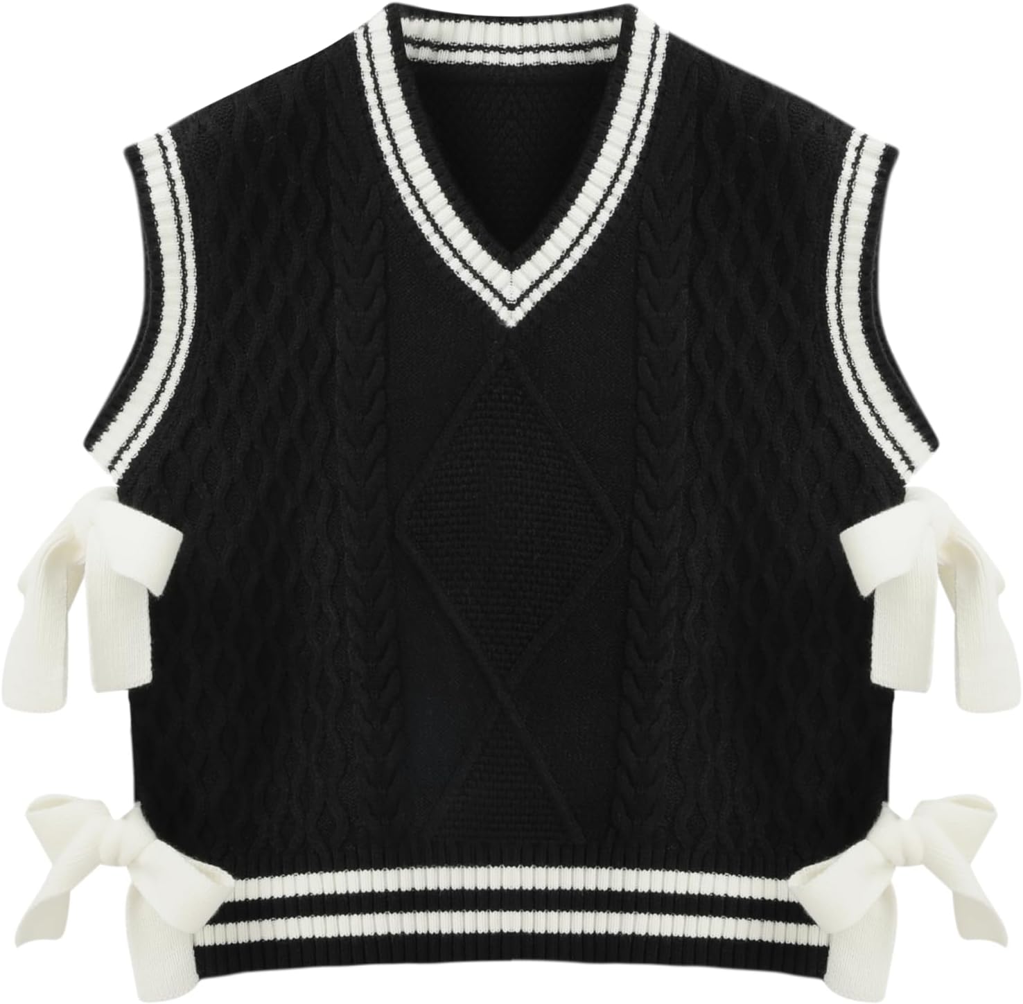 CIDER V-Neck Contrast Binding Bowknot Knitted Vest Curve & Plus