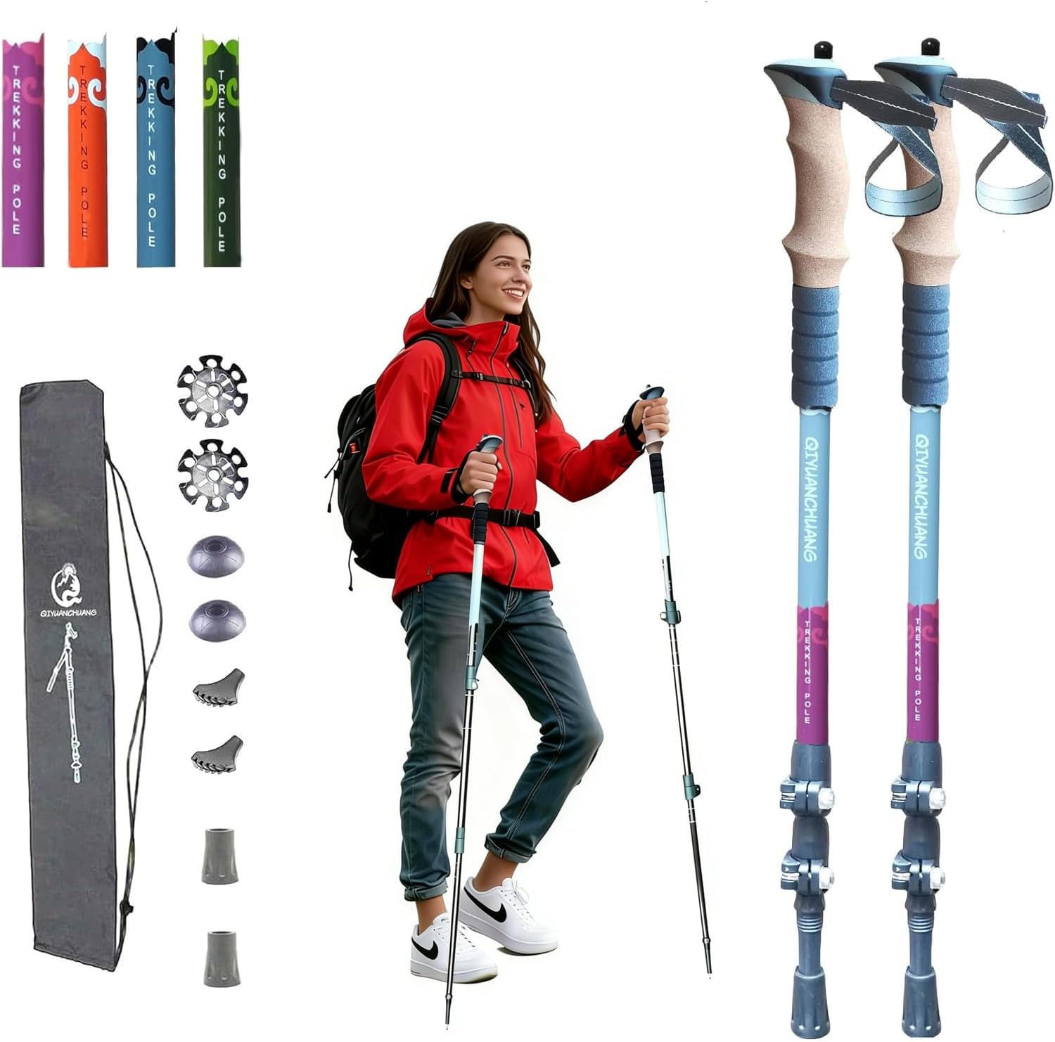 Hiking Poles for Women, Men, Seniors - Ultralight Collapsible Trekking Poles & Walking Sticks with 1/4" Thread, Tip Kit (Phone Stand Sold Separately)
