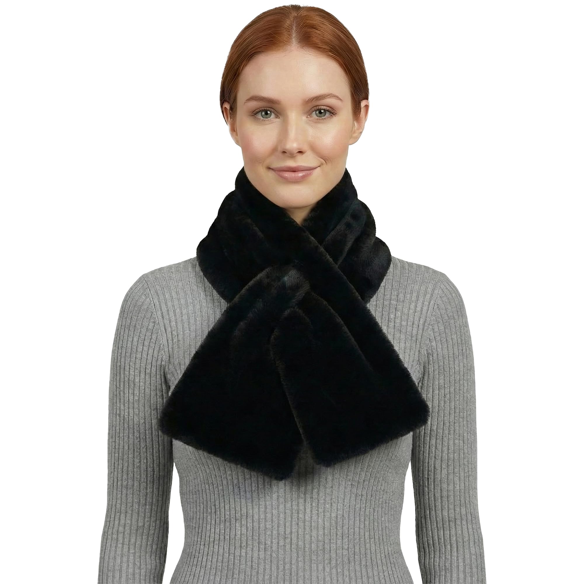 Basic Sense Women's Black Faux Fur Scarf Fluffy Pull Through Neck Warmer With Holder,