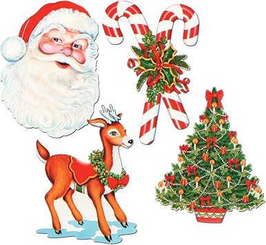 Beistle Christmas Cutouts 4 Pack Double-Sided Holiday Decorations Featuring Festive Santa Clause, Reindeer, Candy Canes and Christmas Tree Designs, Cardstock Paper, 16 In to 17 In
