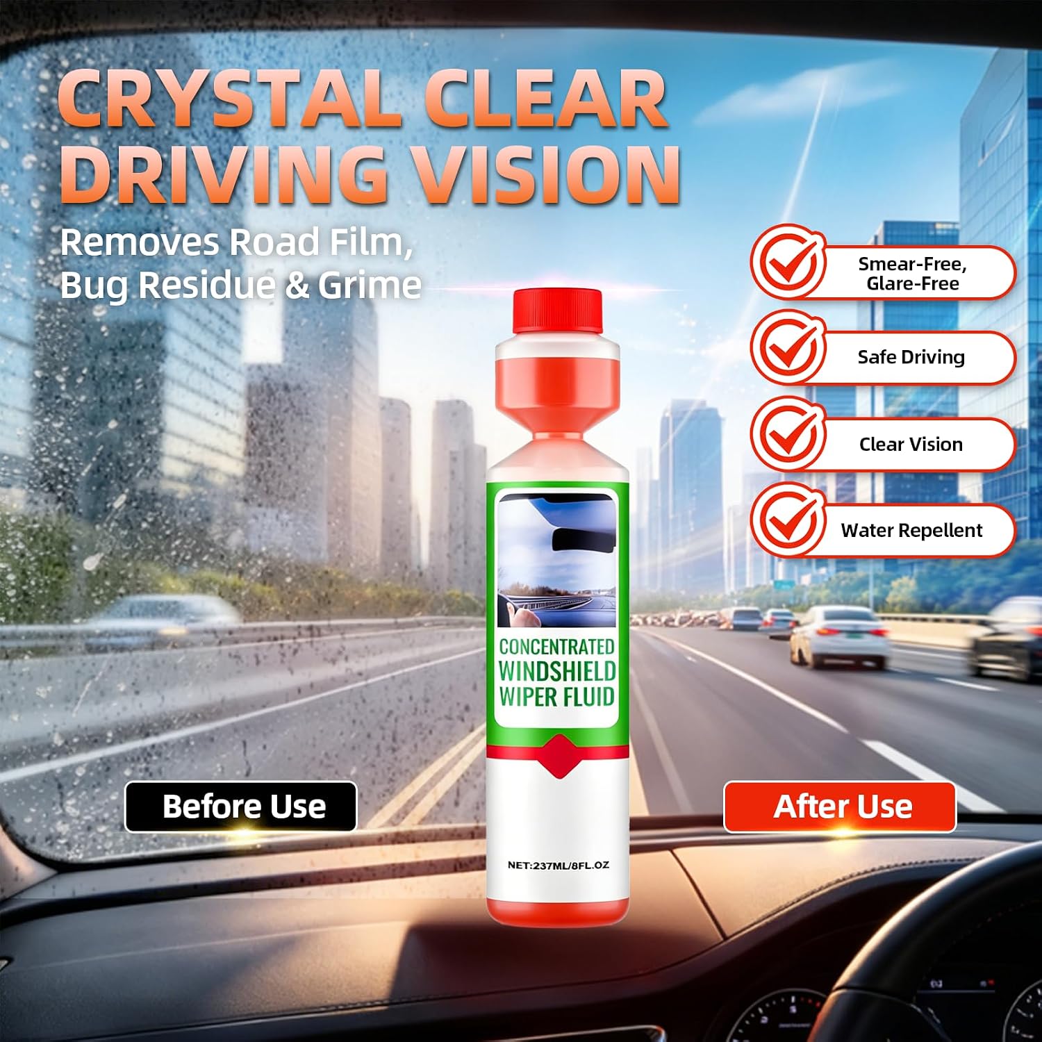 Windshield Washer Fluid Concentrate, 1:200 Dilution Formula | Concentrated windshield washer fluid for cars and trucks. Helps remove road film and dirt with a 1:200 dilution ratio