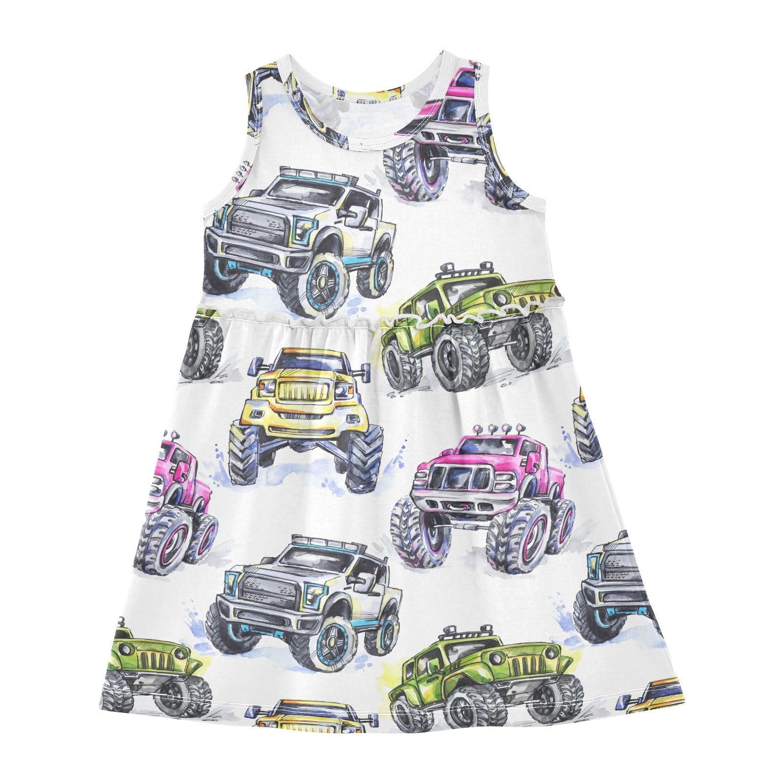Aflyko Girls Dresses Monster Truck Watercolor Summer Sleeveless Dress Casual Fit Toddler Playwear Infant Lovely Everyday Wear Themed Birthday Party Dress 3T